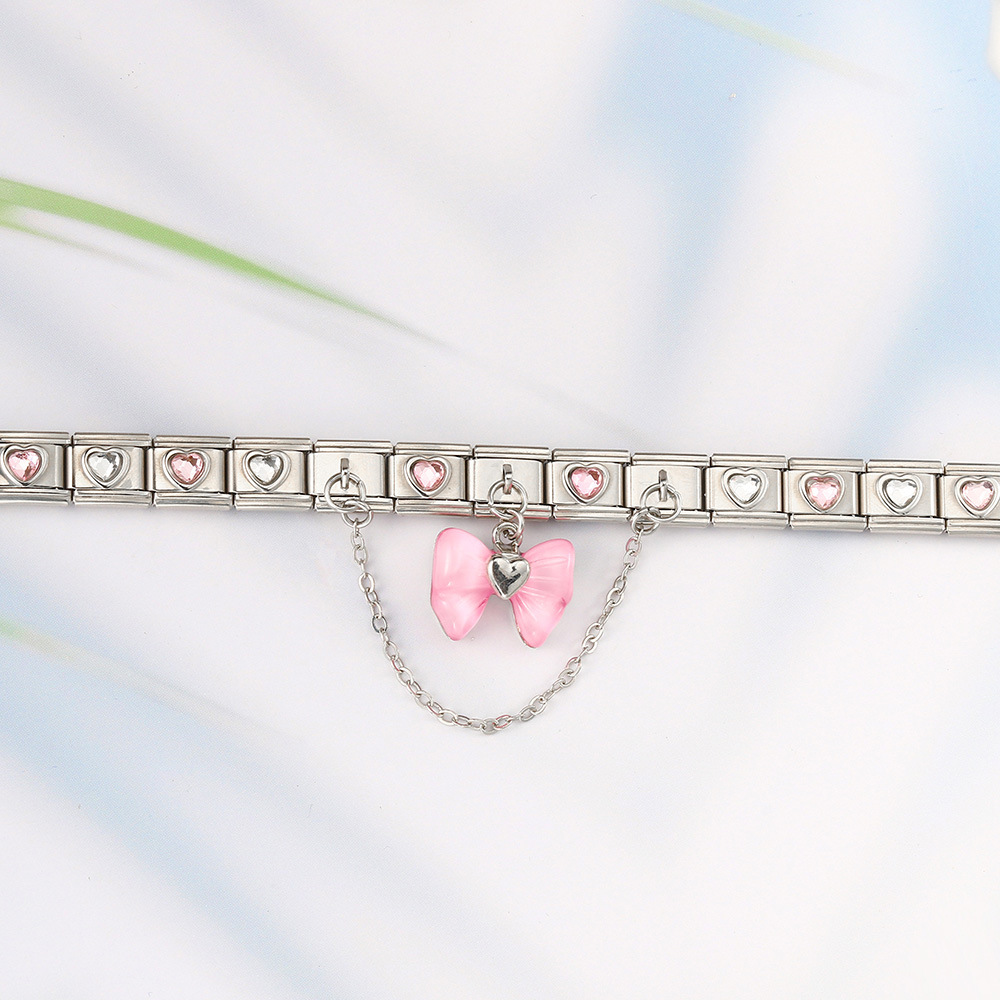 DIY Stainless Steel Pink Heart and Butterfly Pendant Modular Bracelet with Elastic Detachable Watch Strap