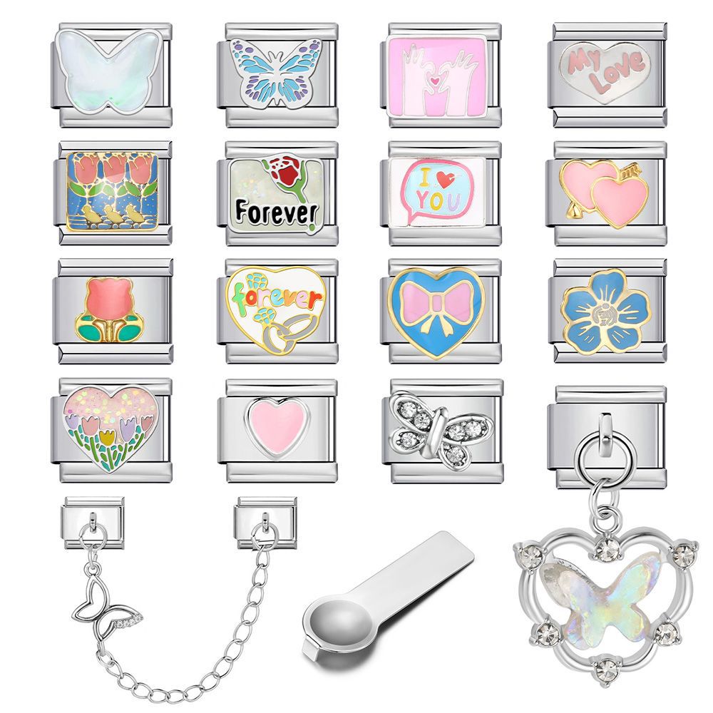 New DIY Stainless Steel Modular Bracelet Set with Welded Oil-Drip Pattern Patchwork Butterfly Pendant Jewelry