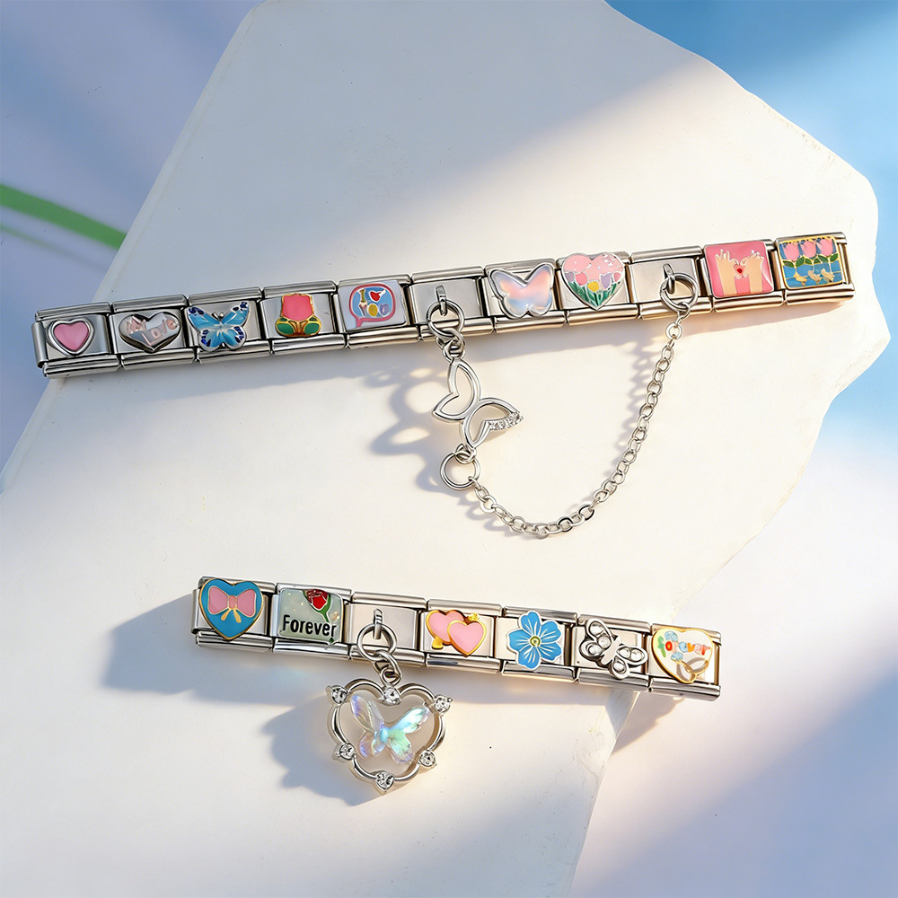 New DIY Stainless Steel Modular Bracelet Set with Welded Oil-Drip Pattern Patchwork Butterfly Pendant Jewelry