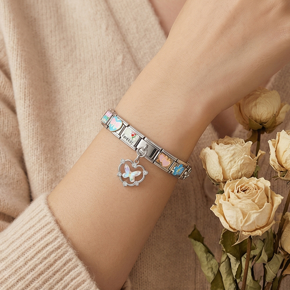 New DIY Stainless Steel Modular Bracelet Set with Welded Oil-Drip Pattern Patchwork Butterfly Pendant Jewelry