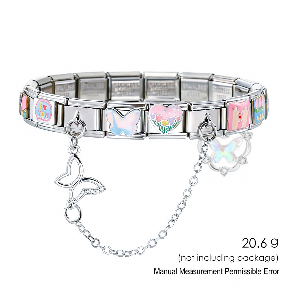New DIY Stainless Steel Modular Bracelet Set with Welded Oil-Drip Pattern Patchwork Butterfly Pendant Jewelry