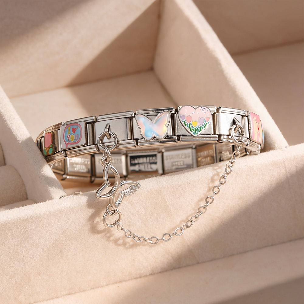 New DIY Stainless Steel Modular Bracelet Set with Welded Oil-Drip Pattern Patchwork Butterfly Pendant Jewelry
