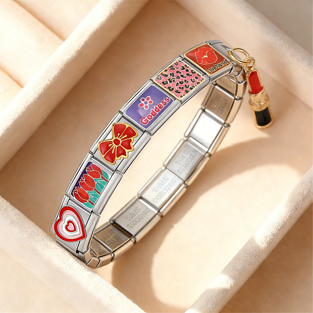 Women's Day themed Italian modular bracelet, stainless steel welded gold-plated DIY bracelet, modular jewelry gift.