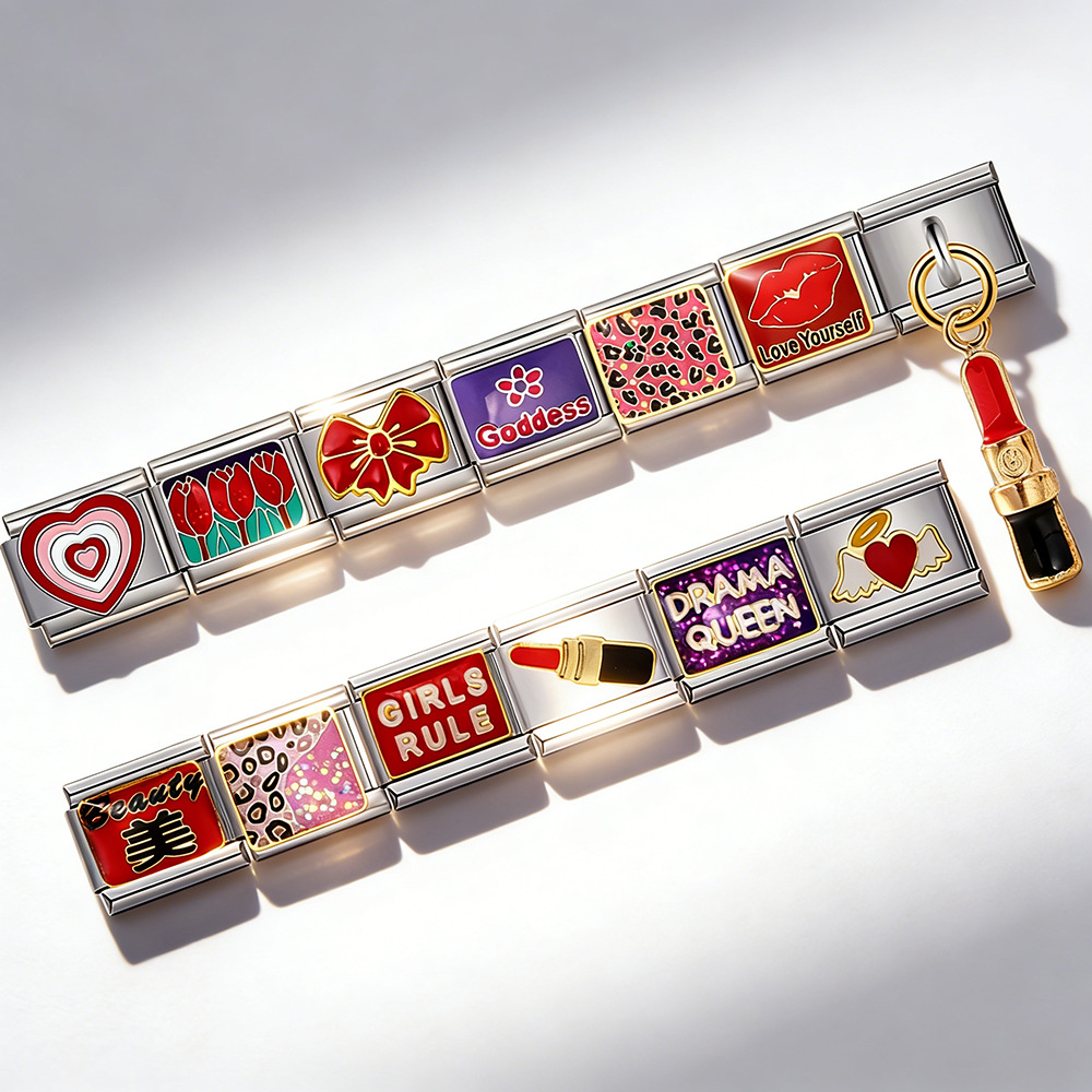 Women's Day themed Italian modular bracelet, stainless steel welded gold-plated DIY bracelet, modular jewelry gift.