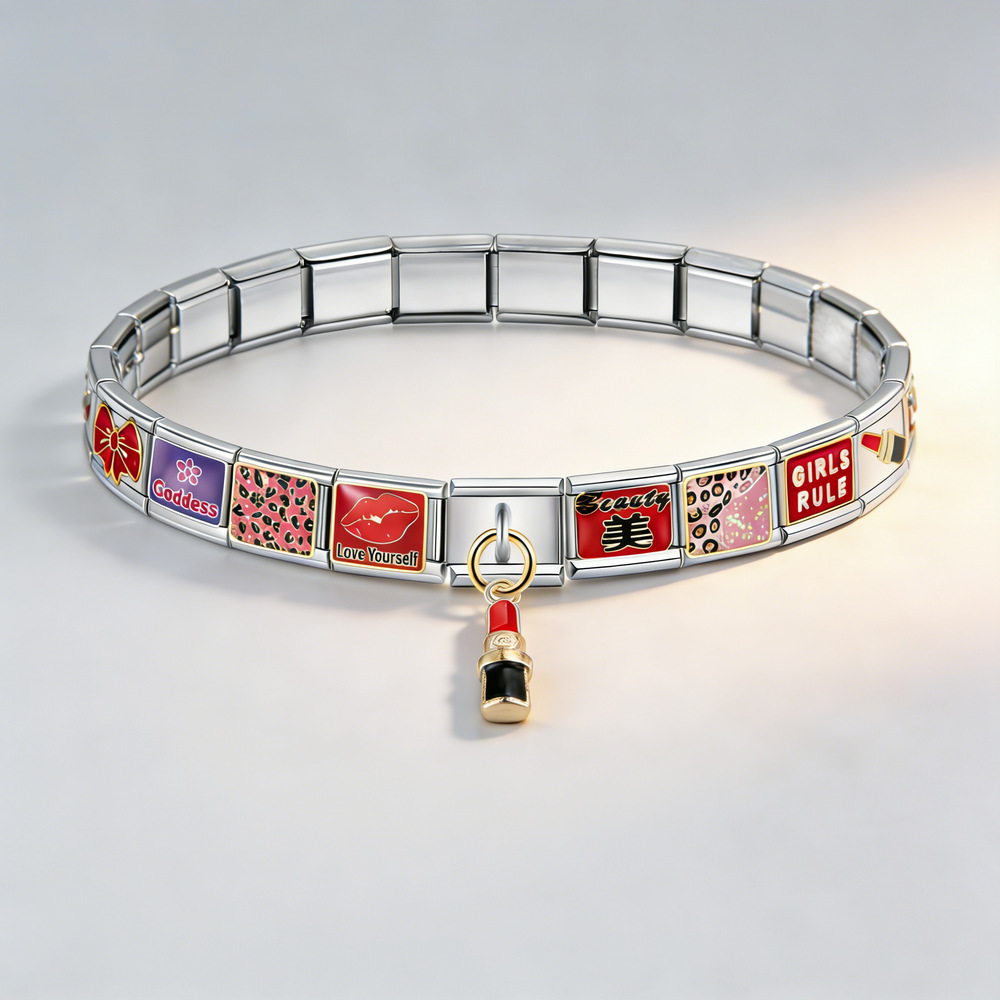 Women's Day themed Italian modular bracelet, stainless steel welded gold-plated DIY bracelet, modular jewelry gift.