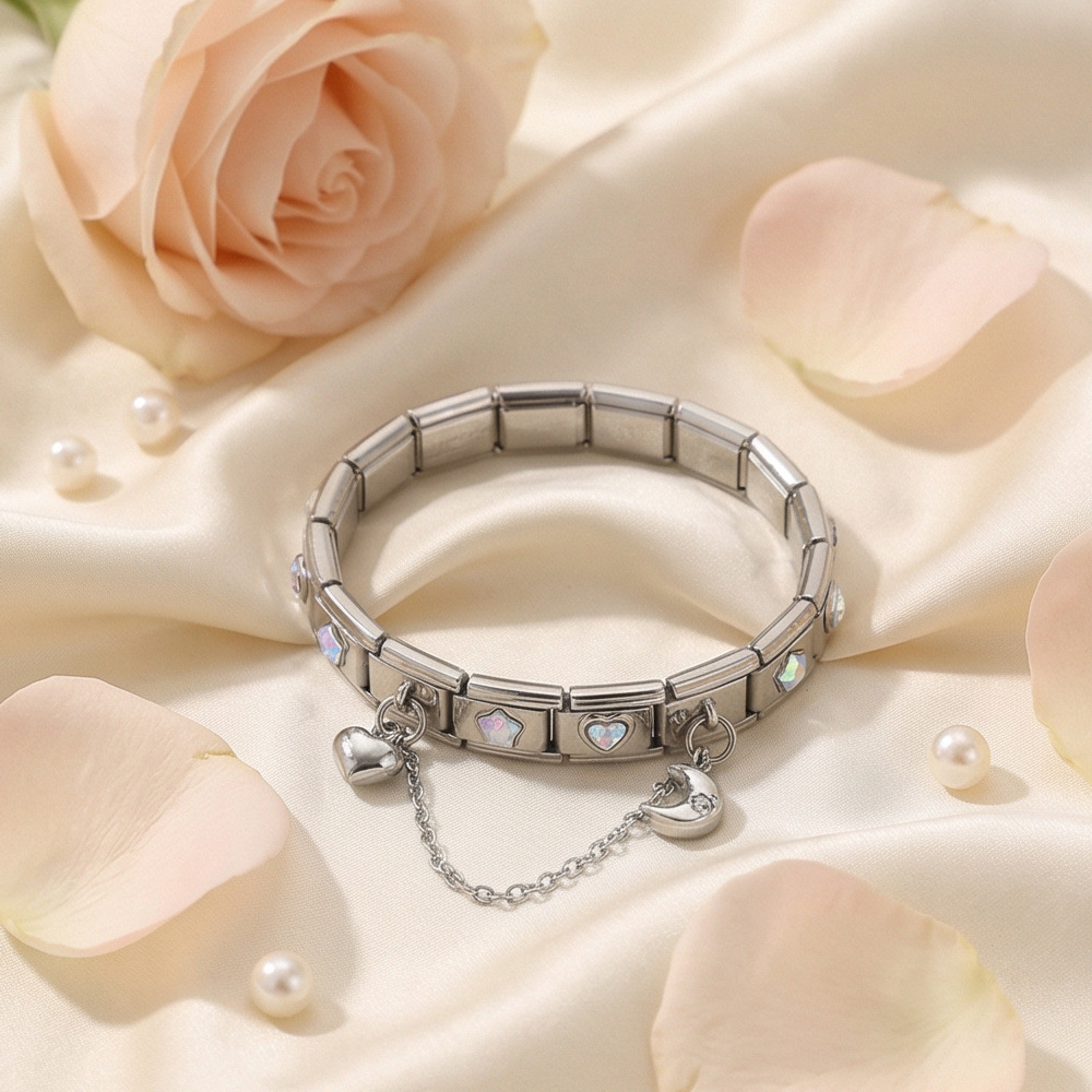 New DIY Stainless Steel Modular Bracelet Set with Five-Pointed Star and Heart Pattern, Double Pendant Bangle Jewelry