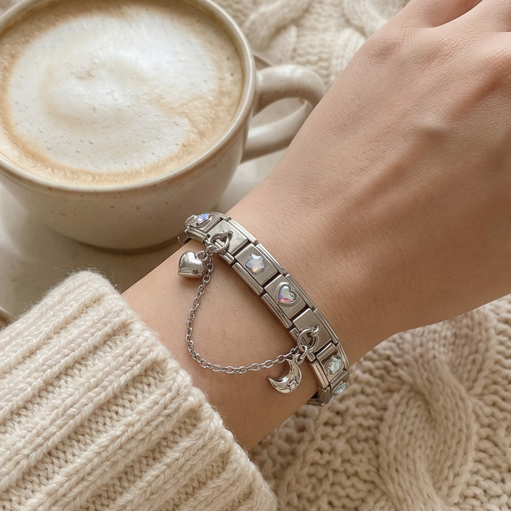 New DIY Stainless Steel Modular Bracelet Set with Five-Pointed Star and Heart Pattern, Double Pendant Bangle Jewelry