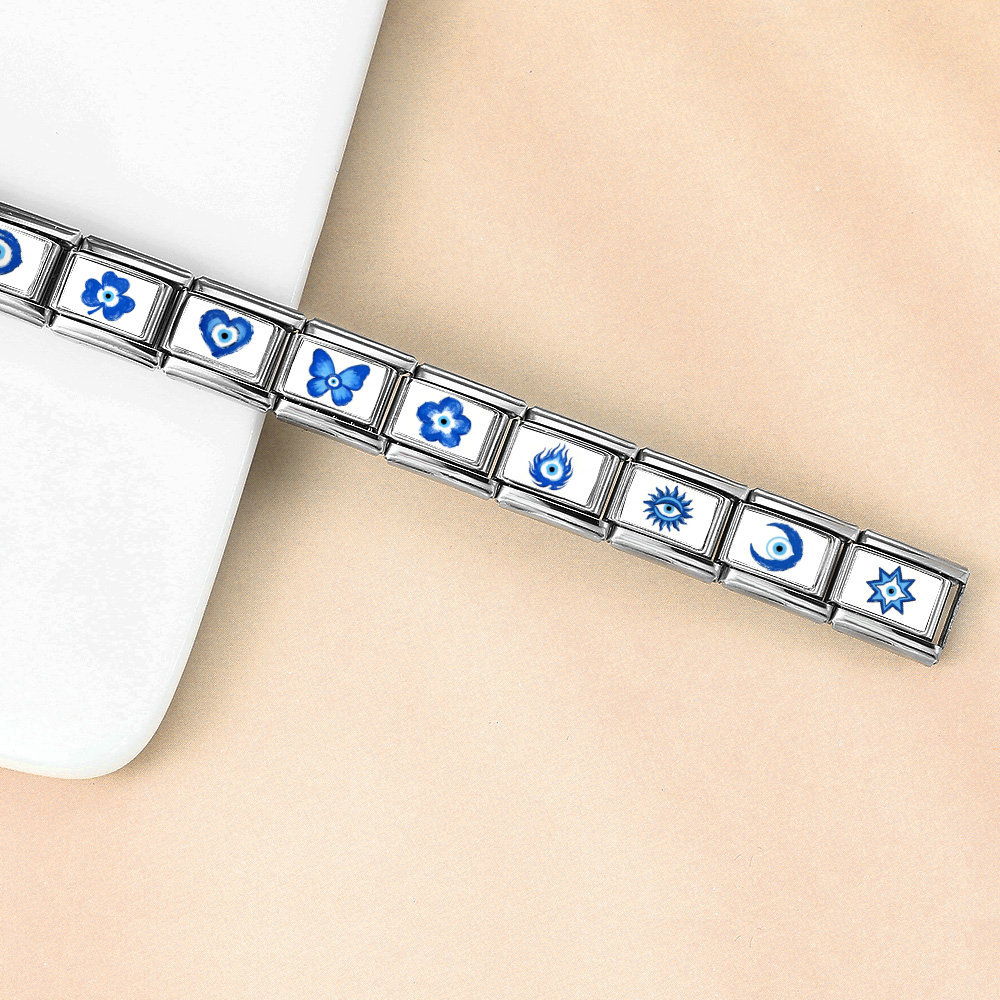 Blue Demon Eye Modular Bracelet, Detachable DIY Stainless Steel Interlocking Watch Strap Accessories Wholesale