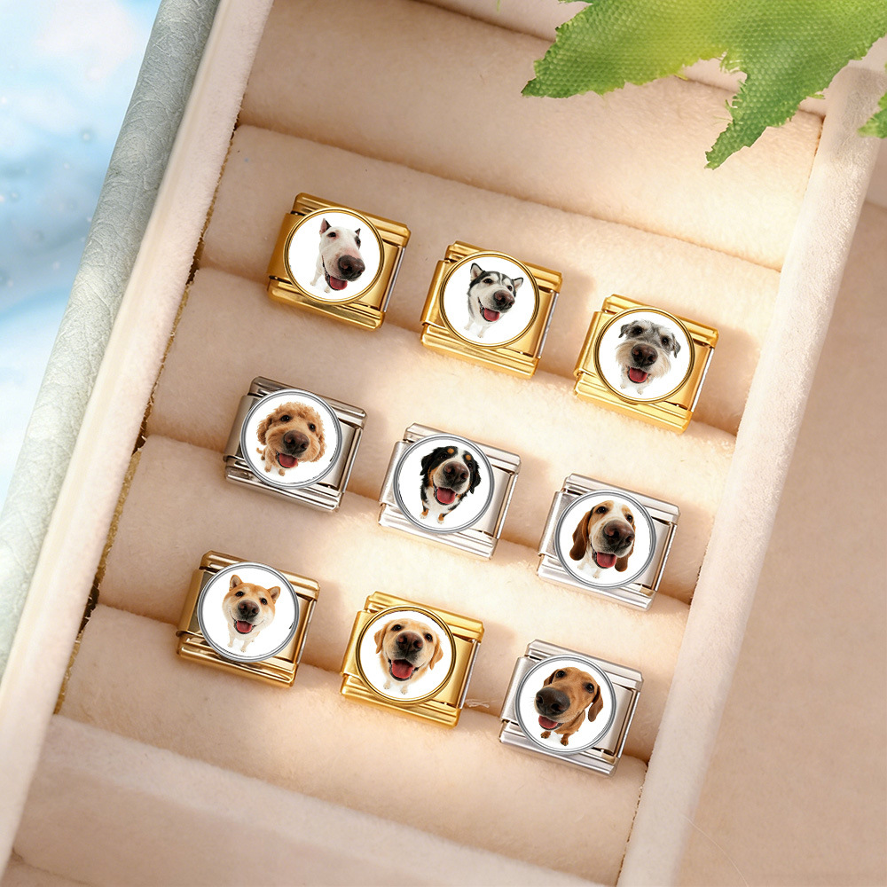 Round pet dog picture style handmade modular Italian assembly bracelet stainless steel DIY watch strap chain
