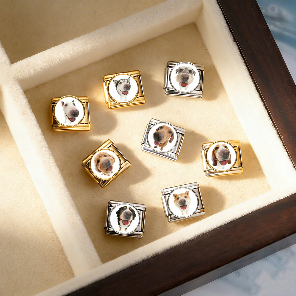 Round pet dog picture style handmade modular Italian assembly bracelet stainless steel DIY watch strap chain