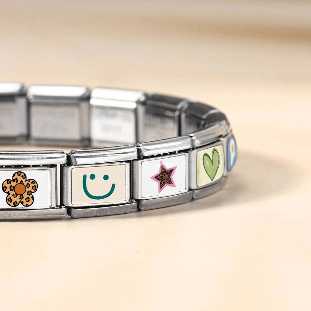 New Fresh Pattern Italian Modular Bracelet, Stainless Steel, Flower and Smiley Face Design, DIY Detachable Bracelet