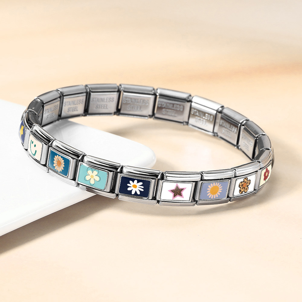 New Fresh Pattern Italian Modular Bracelet, Stainless Steel, Flower and Smiley Face Design, DIY Detachable Bracelet