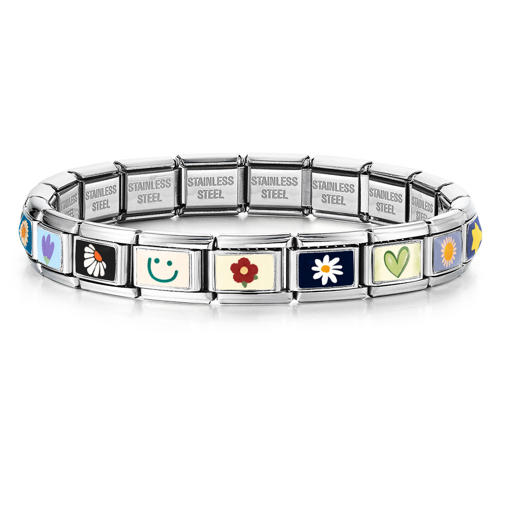 New Fresh Pattern Italian Modular Bracelet, Stainless Steel, Flower and Smiley Face Design, DIY Detachable Bracelet