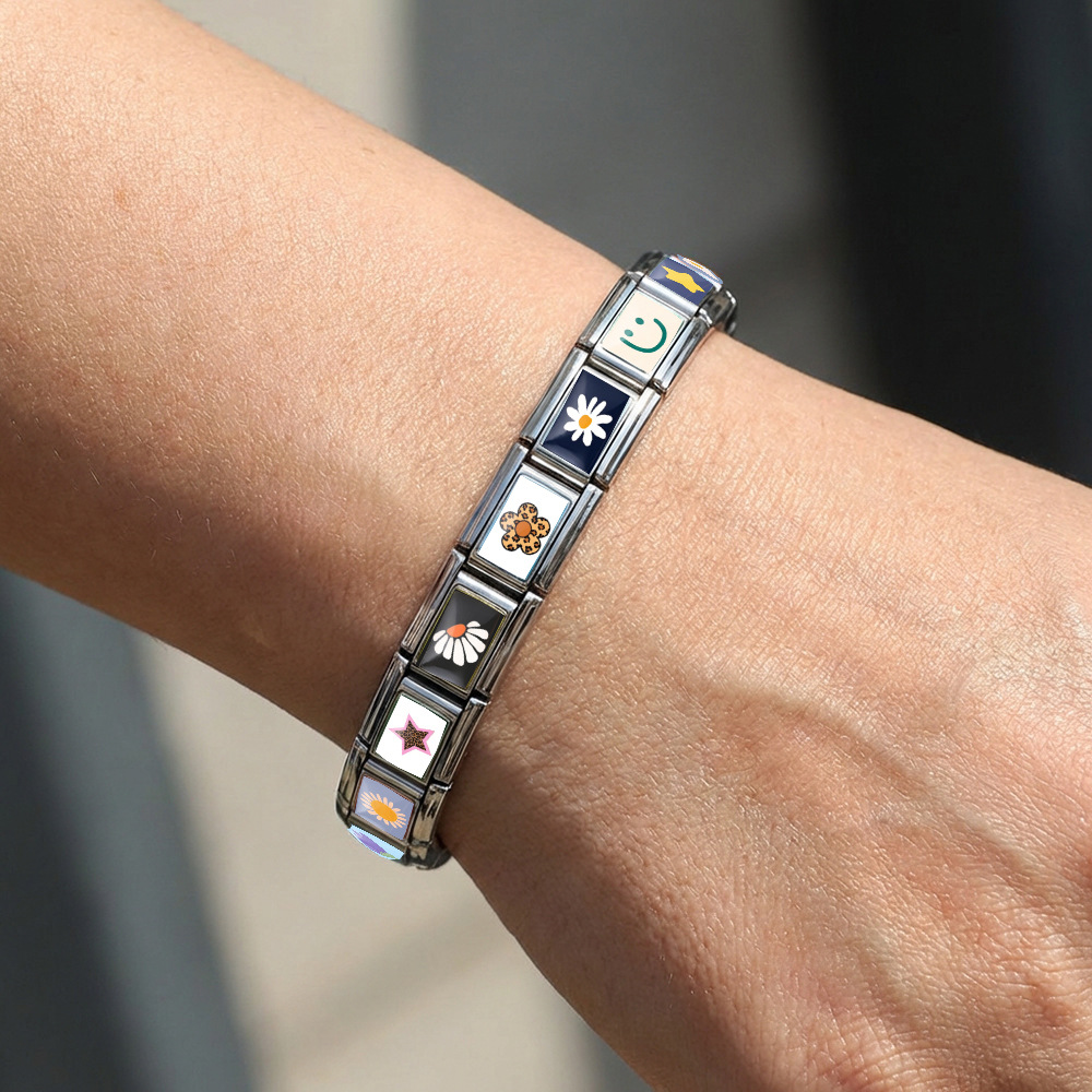 New Fresh Pattern Italian Modular Bracelet, Stainless Steel, Flower and Smiley Face Design, DIY Detachable Bracelet
