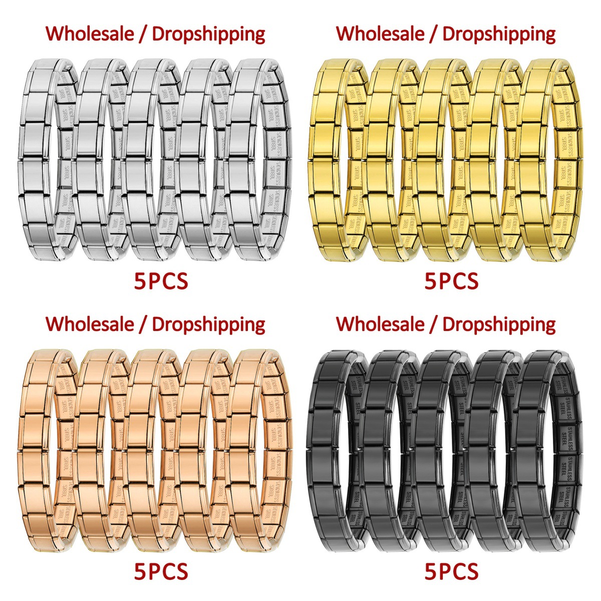 5-piece set of multi-color basic glossy Italian modular bracelet DIY stainless steel minimalist watch strap chain wholesale