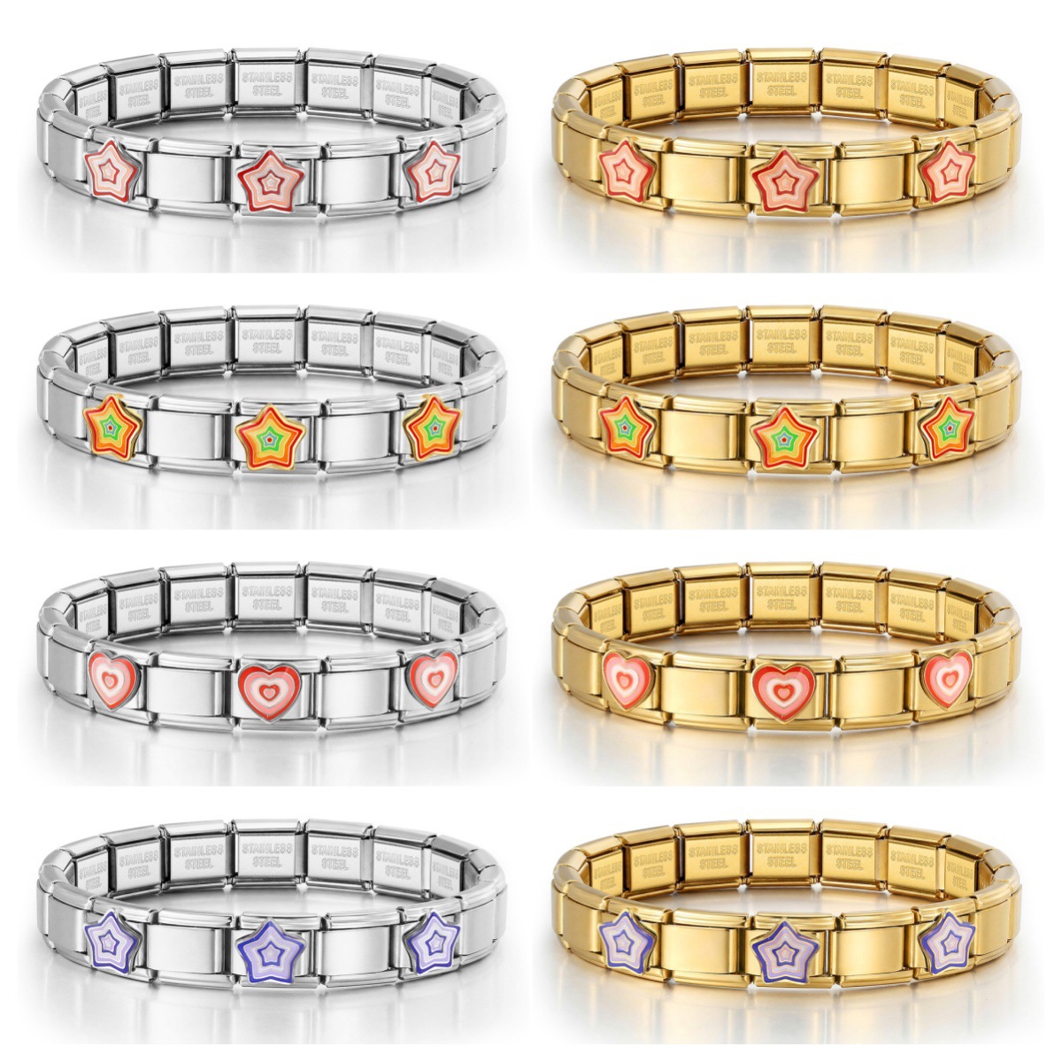 New stainless steel DIY Italian modular bracelet with heart pattern, basic chain jewelry wholesale.