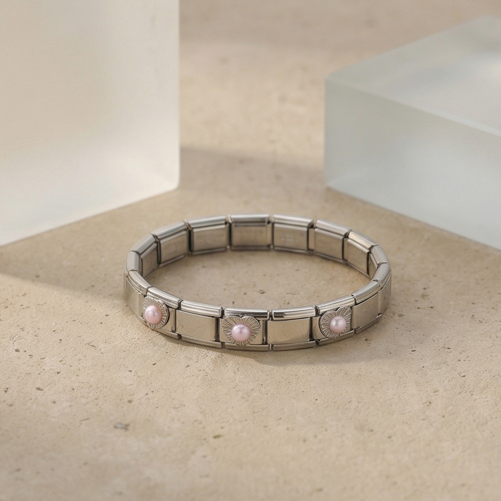 DIY Italian modular bracelet with heart-shaped beads, welded and dripped oil, elastic splicing stainless steel watch strap chain