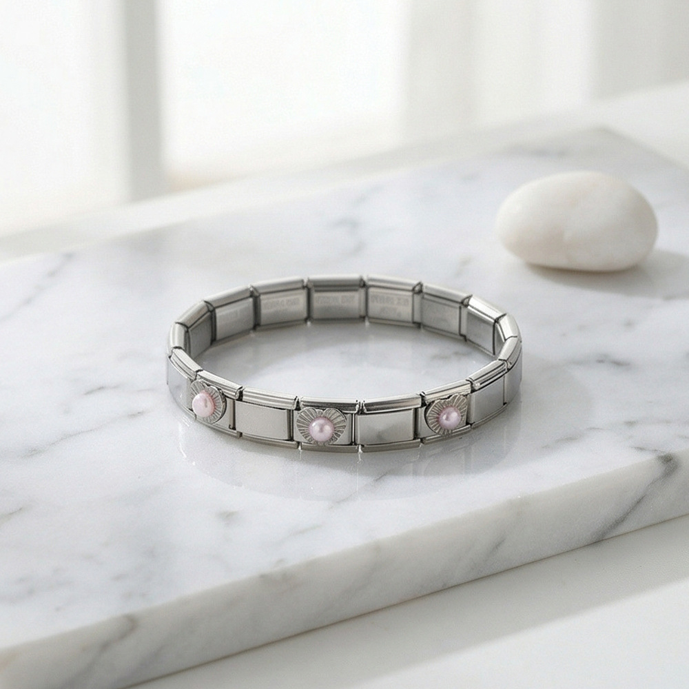 DIY Italian modular bracelet with heart-shaped beads, welded and dripped oil, elastic splicing stainless steel watch strap chain
