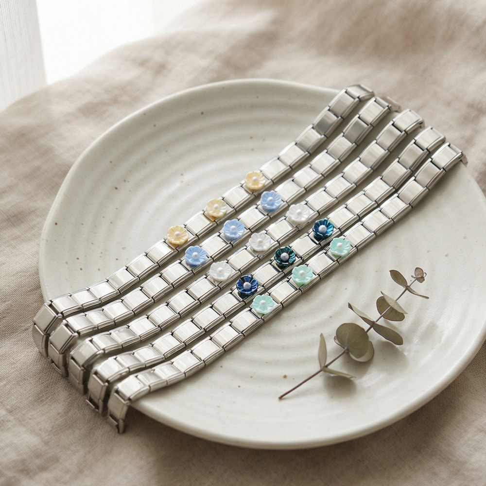 DIY Italian Modular Bracelet with Detachable Base Chain Modules and Accessories, Made of Stainless Steel Flower