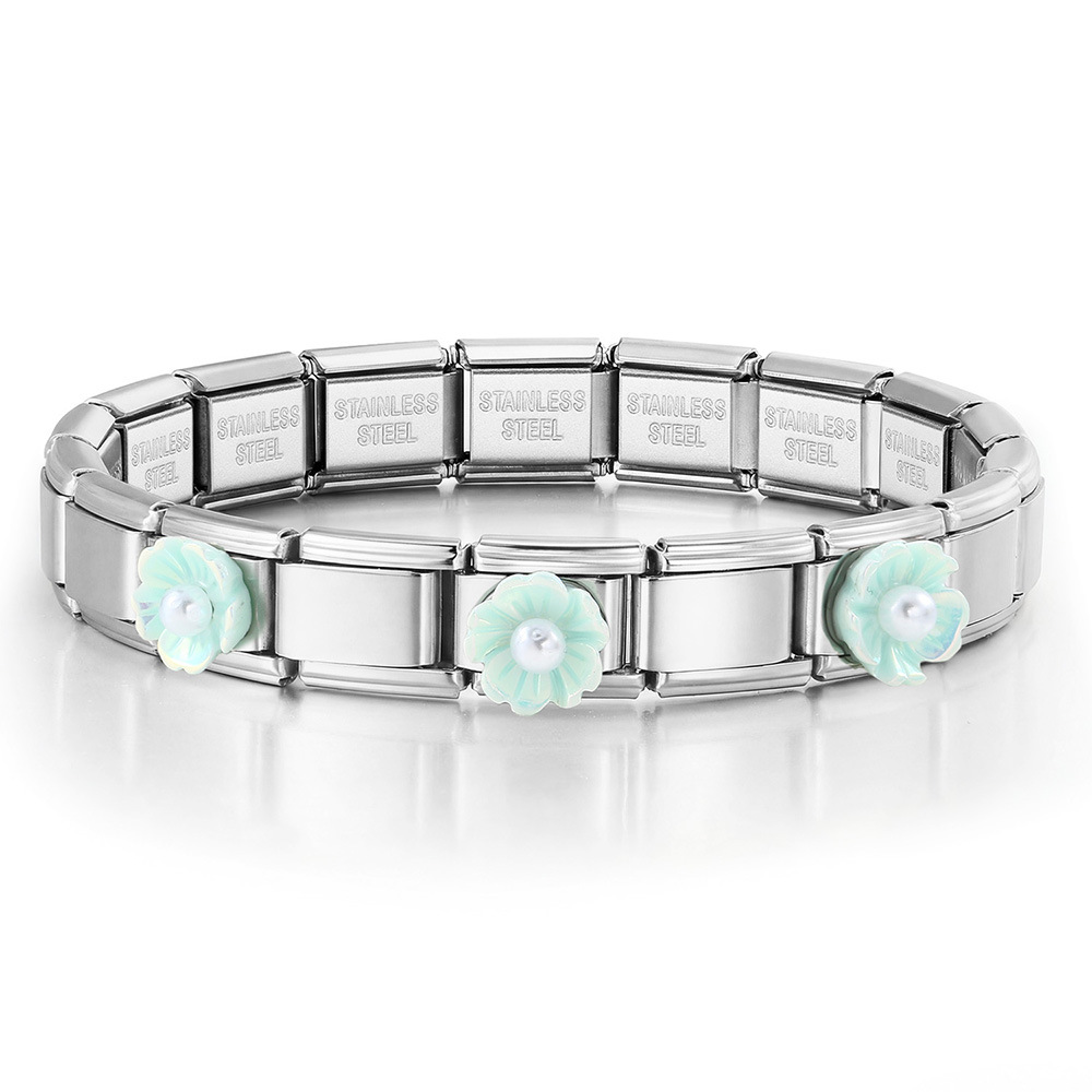 DIY Italian Modular Bracelet with Detachable Base Chain Modules and Accessories, Made of Stainless Steel Flower