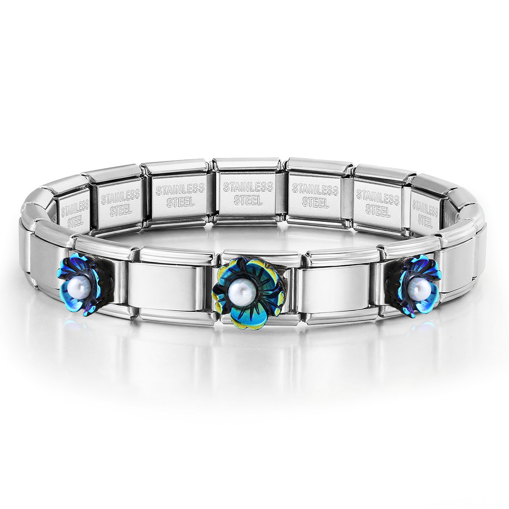 DIY Italian Modular Bracelet with Detachable Base Chain Modules and Accessories, Made of Stainless Steel Flower