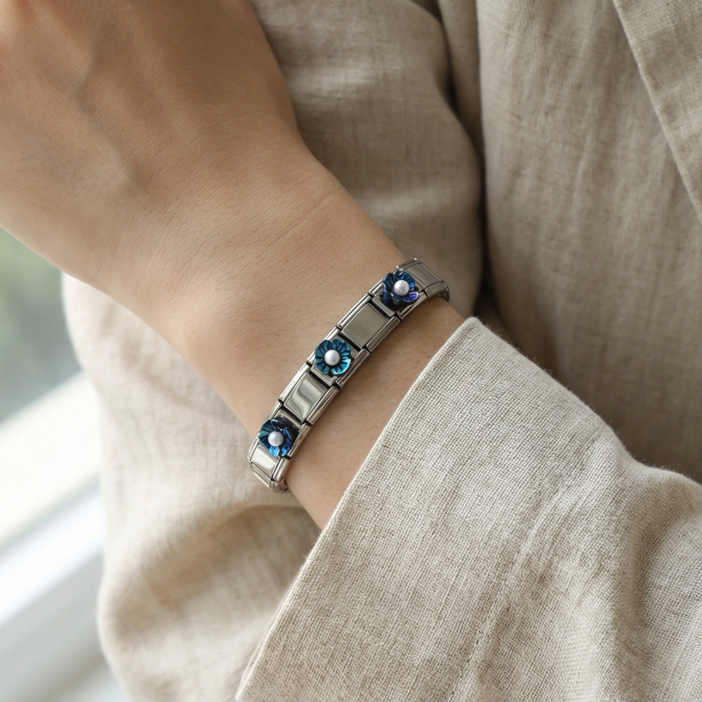 DIY Italian Modular Bracelet with Detachable Base Chain Modules and Accessories, Made of Stainless Steel Flower