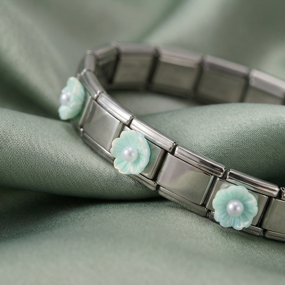 DIY Italian Modular Bracelet with Detachable Base Chain Modules and Accessories, Made of Stainless Steel Flower