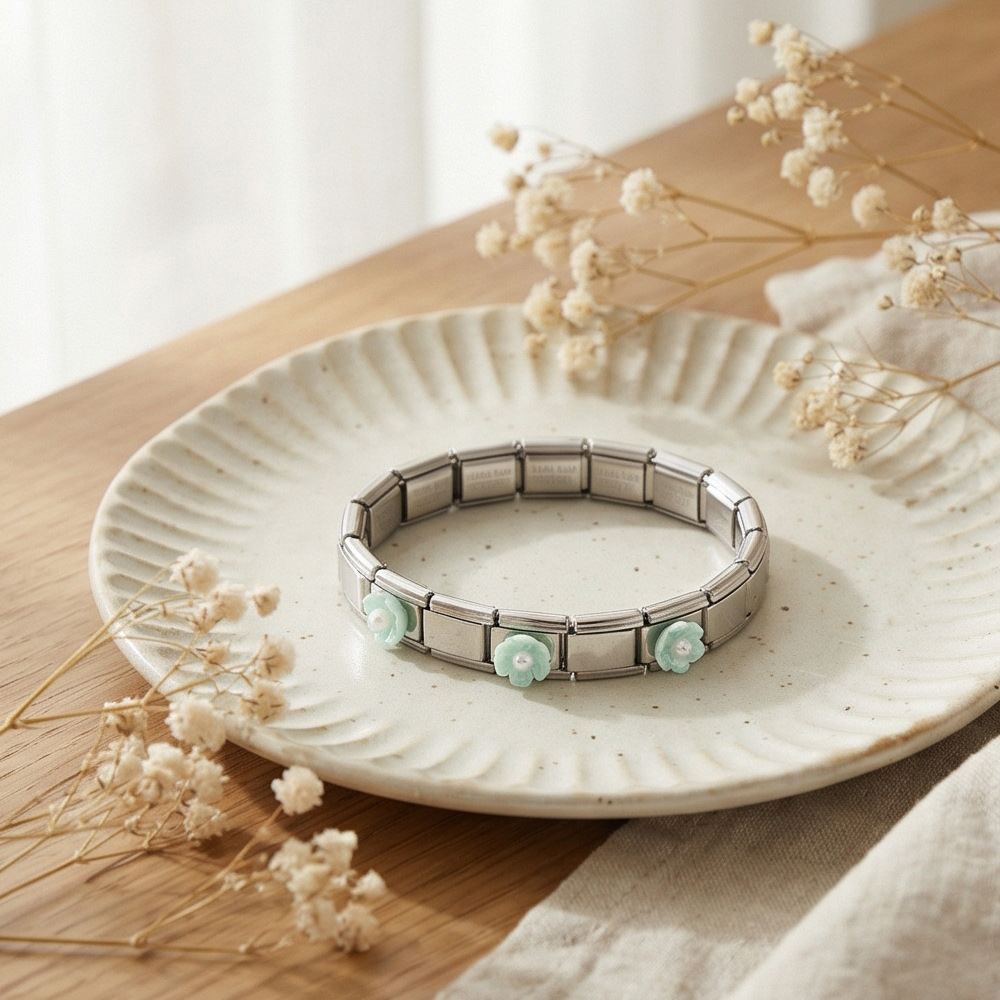 DIY Italian Modular Bracelet with Detachable Base Chain Modules and Accessories, Made of Stainless Steel Flower