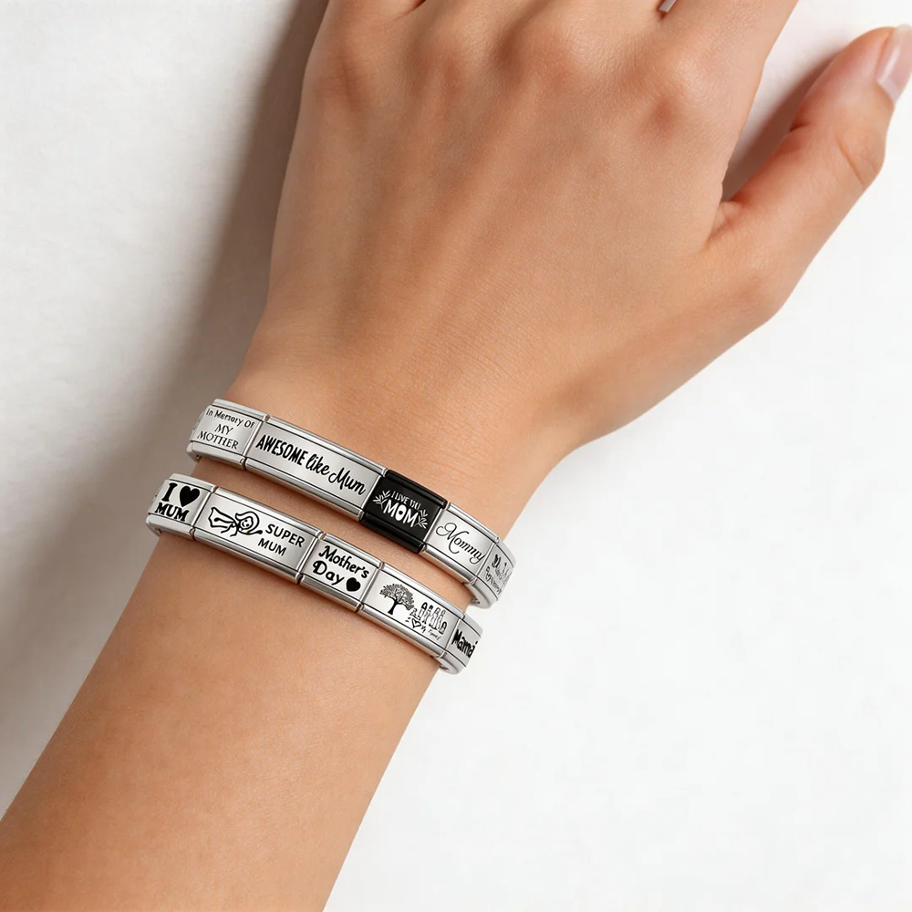 Laser-engraved Mother's Day elements Italian modular bracelet stainless steel DIY splicing elastic bracelet accessories