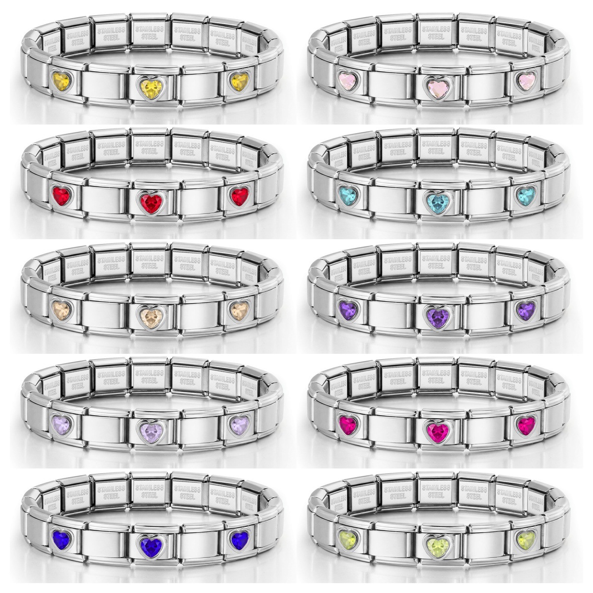 3-Head Multi-Colored Heart Simple Basic Stainless Steel DIY Italian Modular Bracelet
