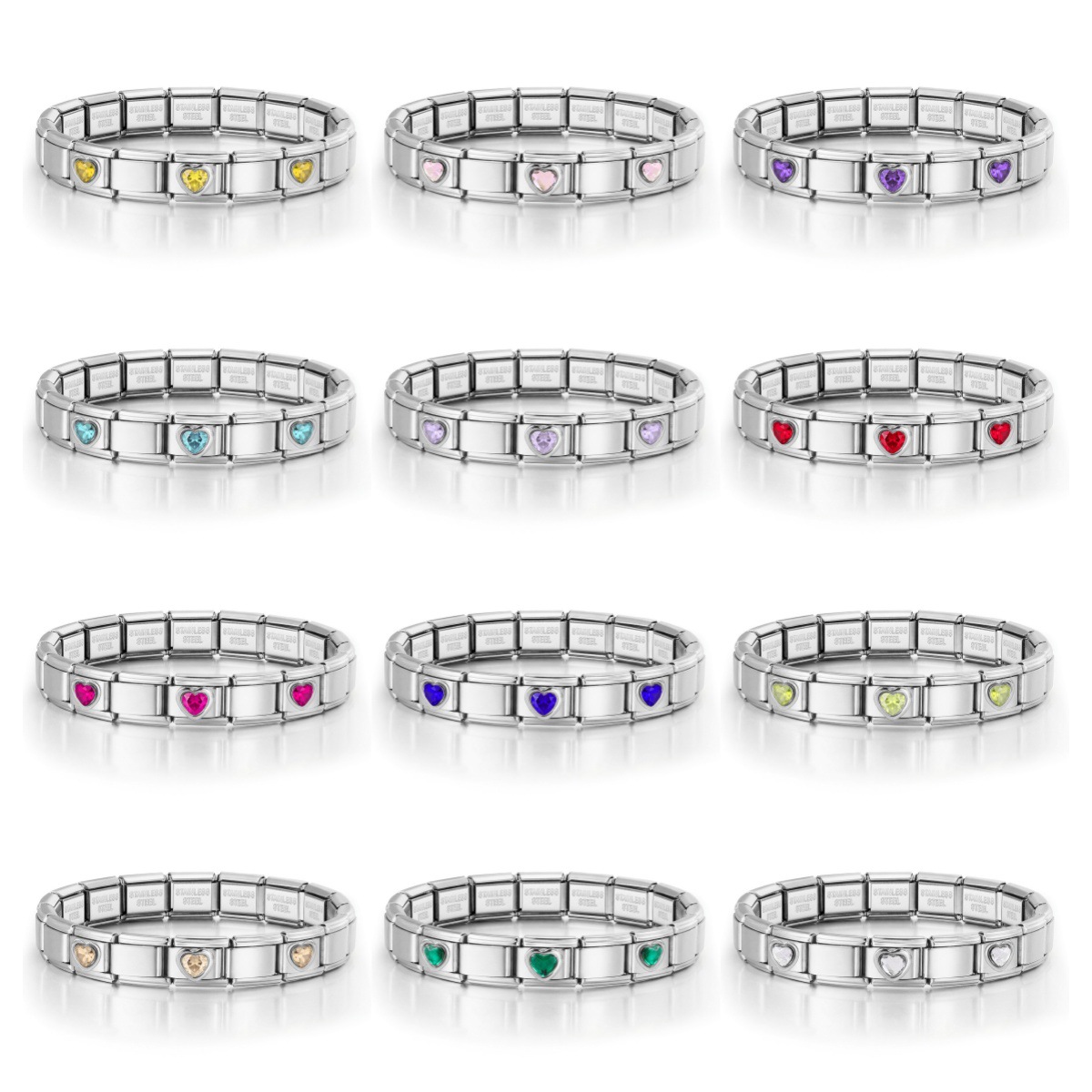 3-Head Multi-Colored Heart Simple Basic Stainless Steel DIY Italian Modular Bracelet