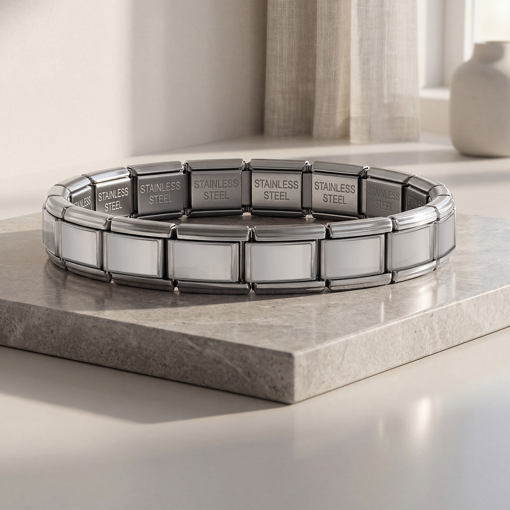 Rectangular concave wide-format basic modular bracelet, stainless steel, handmade DIY Italian bracelet basic chain