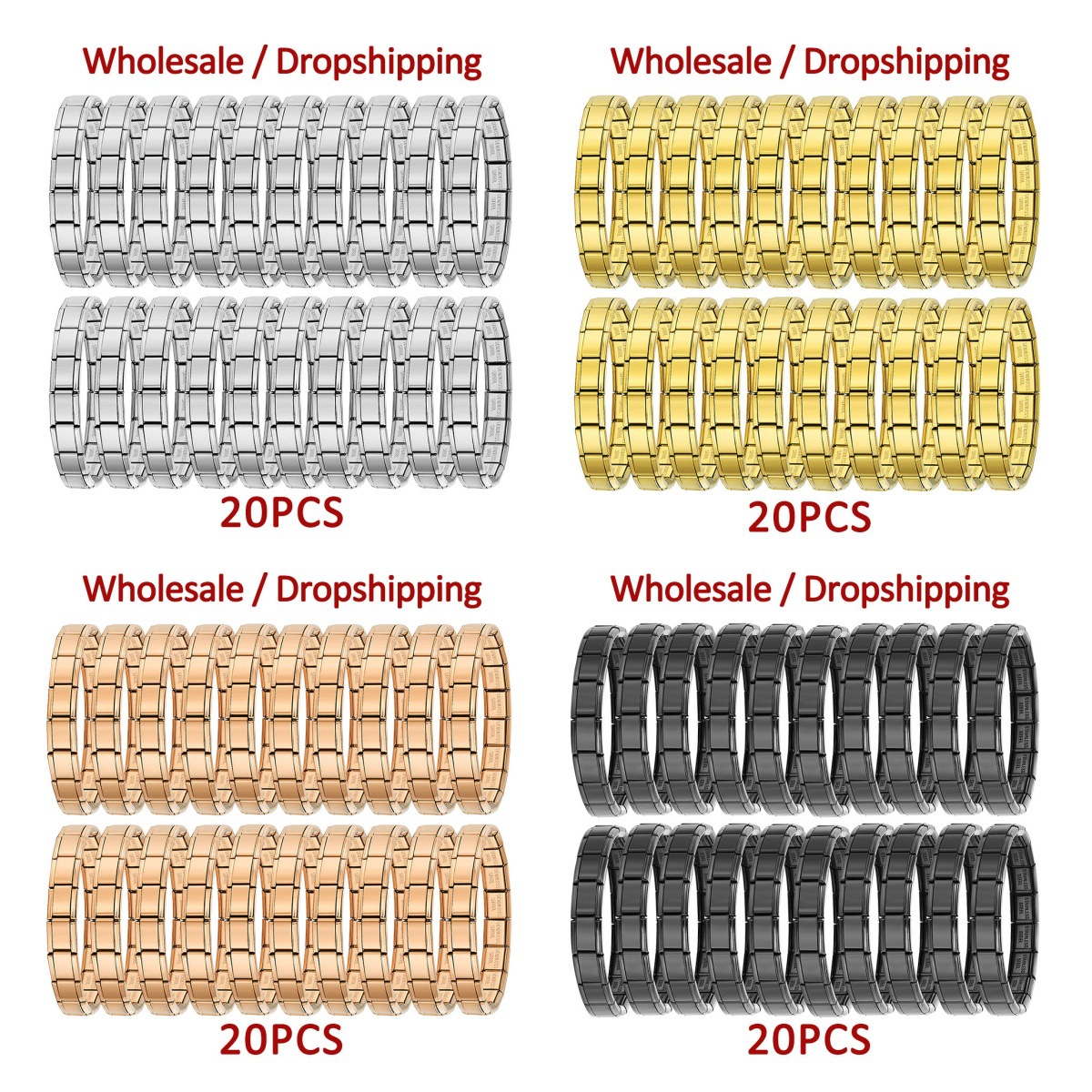 20-piece wholesale modular bracelet set, smooth stainless steel DIY watch strap chain, Italian modular bracelet gift.