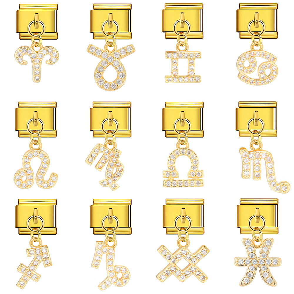 12 Zodiac Signs Miniature Pendant Italian Modular Bracelet with Stainless Steel Zircon Hook DIY Elastic Bangle Accessories