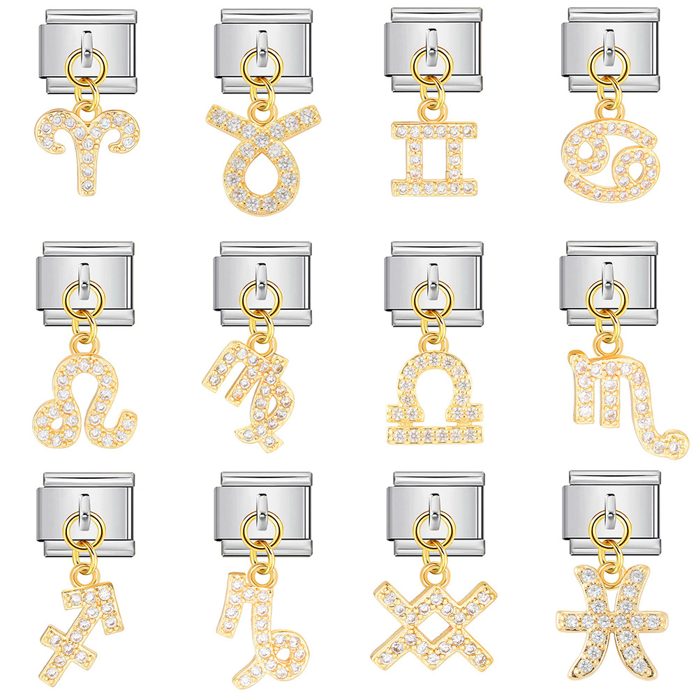 12 Zodiac Signs Miniature Pendant Italian Modular Bracelet with Stainless Steel Zircon Hook DIY Elastic Bangle Accessories