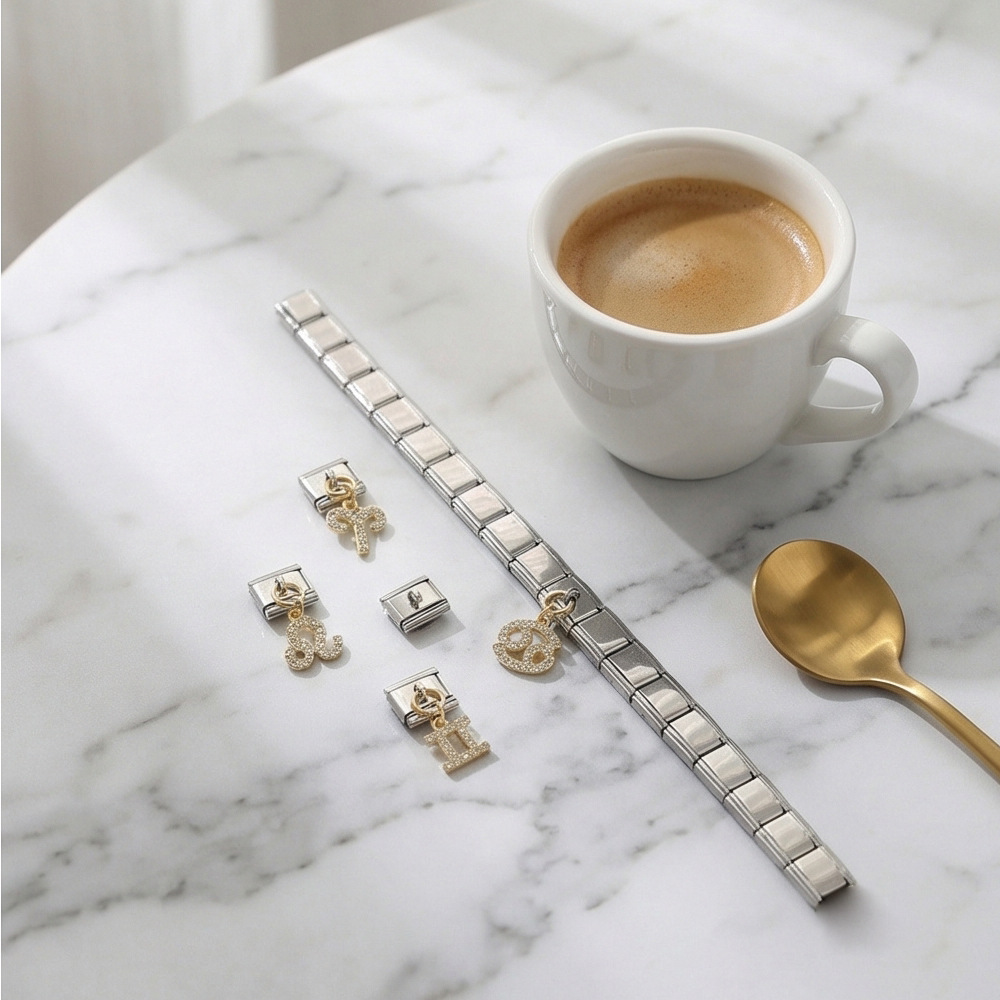12 Zodiac Signs Miniature Pendant Italian Modular Bracelet with Stainless Steel Zircon Hook DIY Elastic Bangle Accessories
