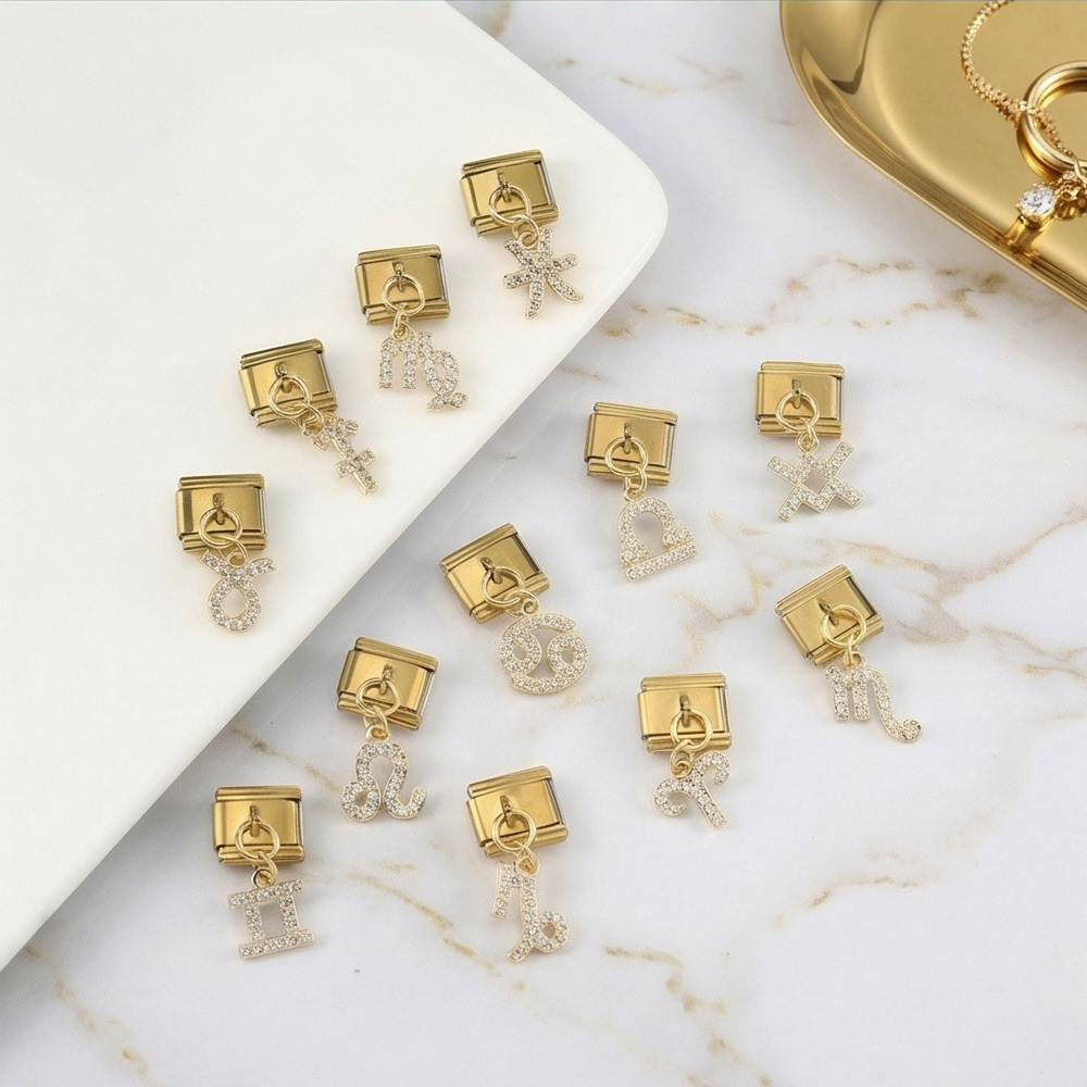 12 Zodiac Signs Miniature Pendant Italian Modular Bracelet with Stainless Steel Zircon Hook DIY Elastic Bangle Accessories
