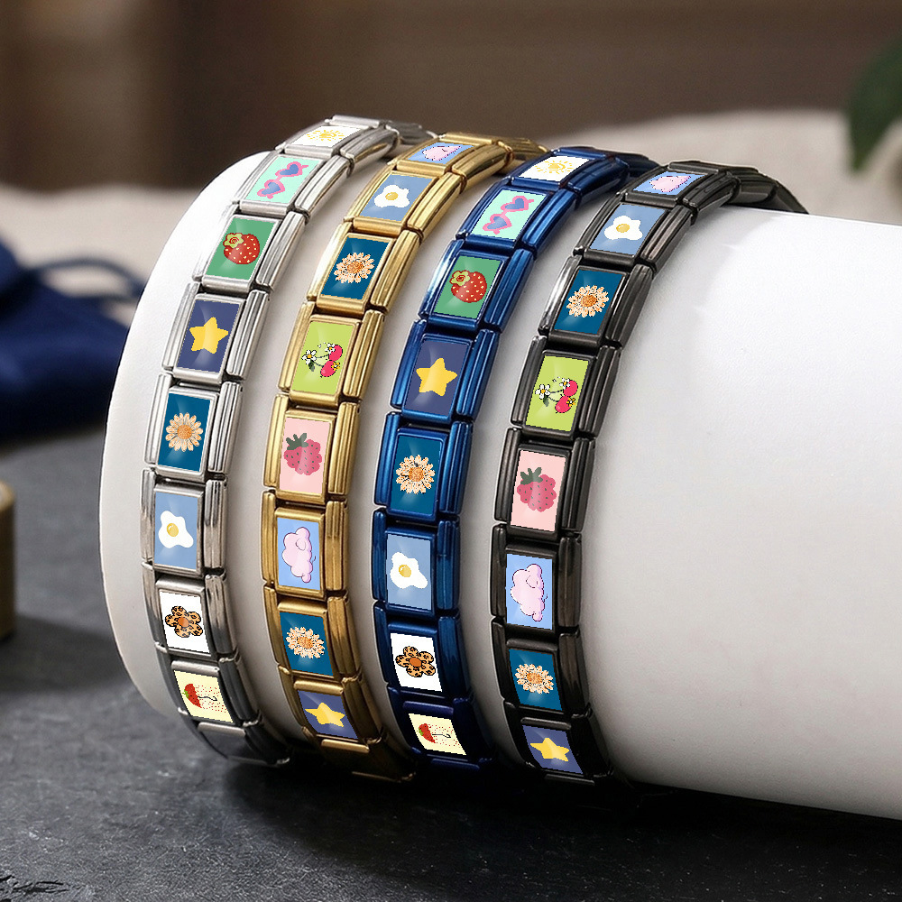 Personalized Italian modular bracelet, rectangular stainless steel wide modular bracelet, DIY jewelry.