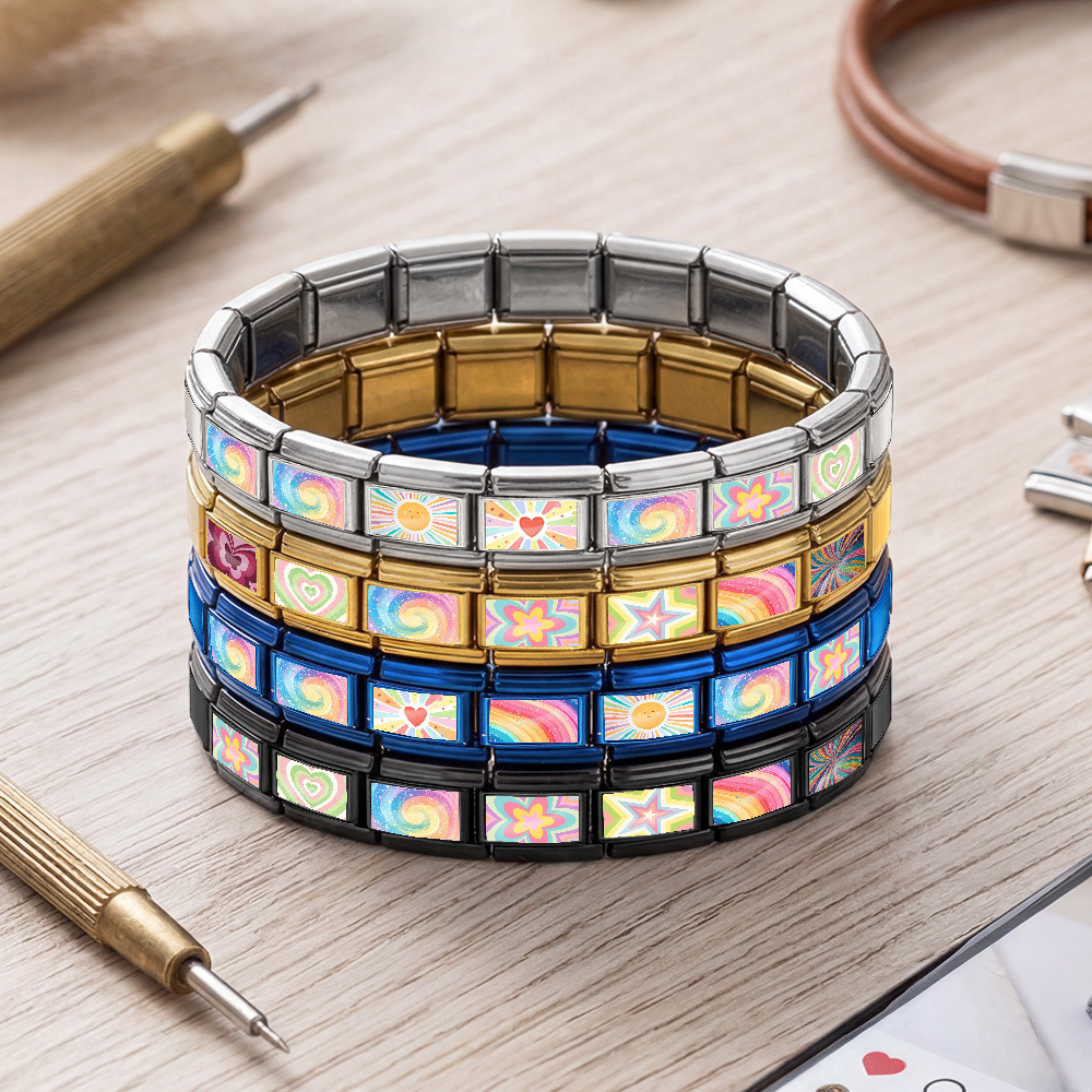 Personalized Italian modular bracelet, rectangular stainless steel wide modular bracelet, DIY jewelry.