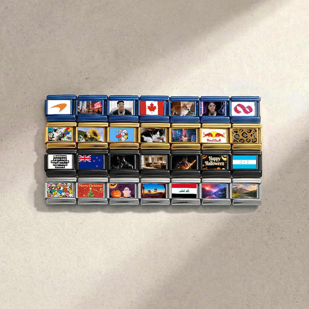 Personalized Italian modular bracelet, rectangular stainless steel wide modular bracelet, DIY jewelry.