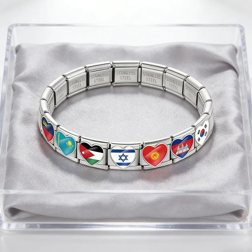 DIY Italian-style patchwork bracelet with heart-shaped flag and flag design, stainless steel watch strap and chain accessories.