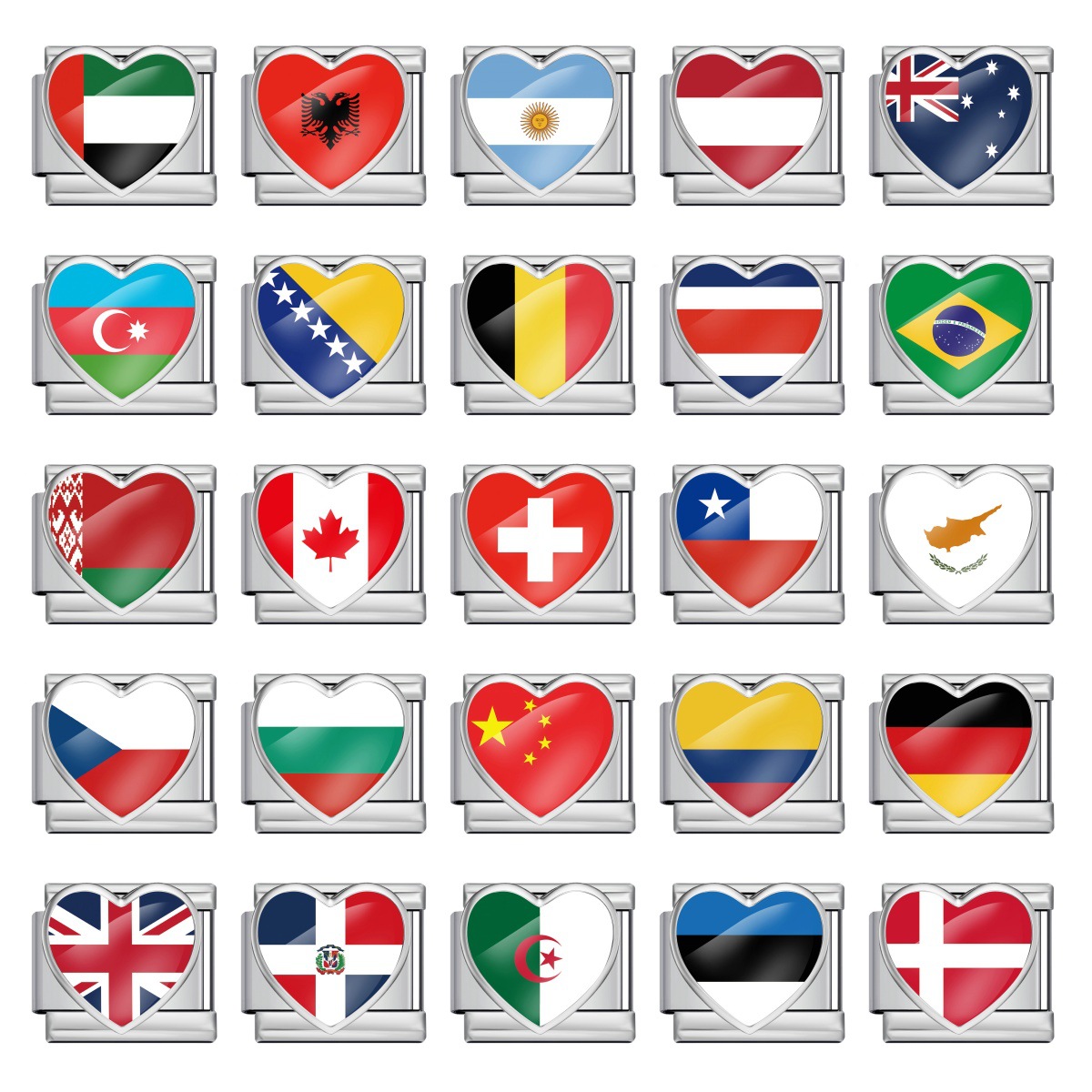 DIY Italian-style patchwork bracelet with heart-shaped flag and flag design, stainless steel watch strap and chain accessories.