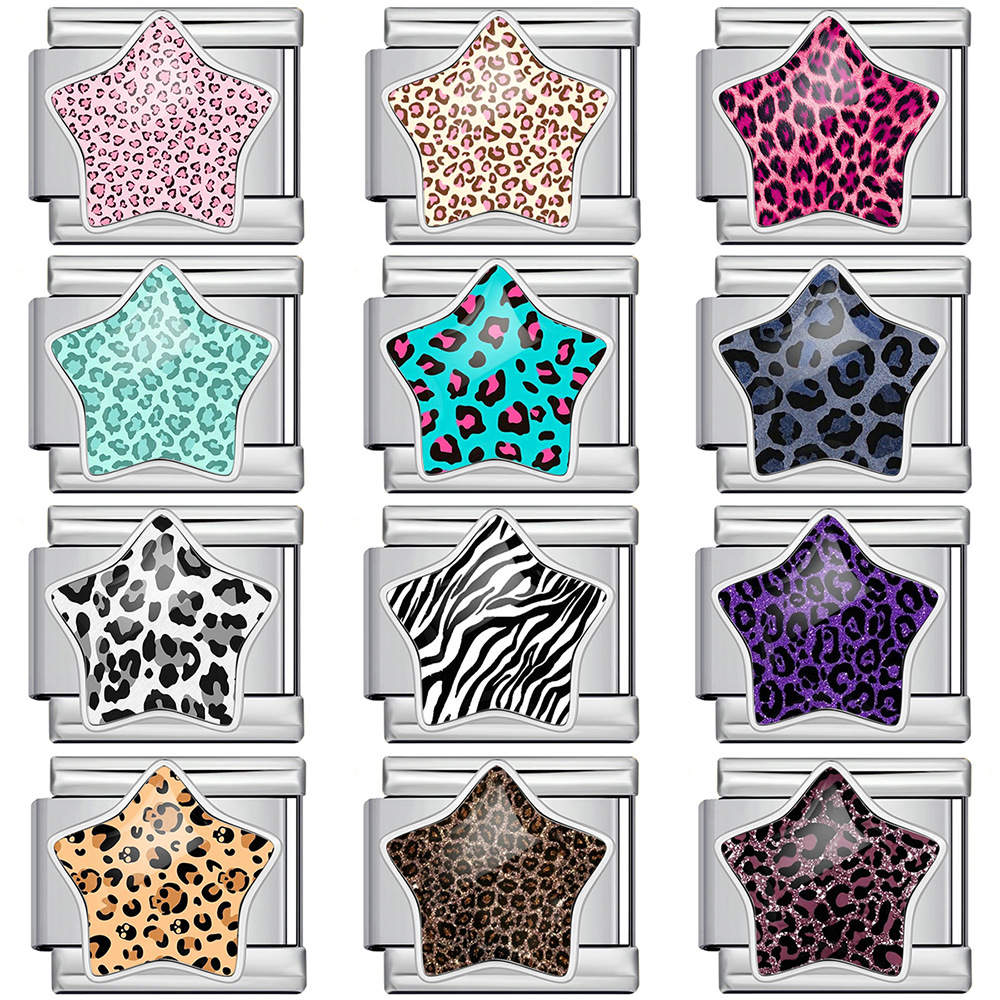 Leopard print five-pointed star Italian modular bracelet, stainless steel DIY detachable elastic bracelet, gift.