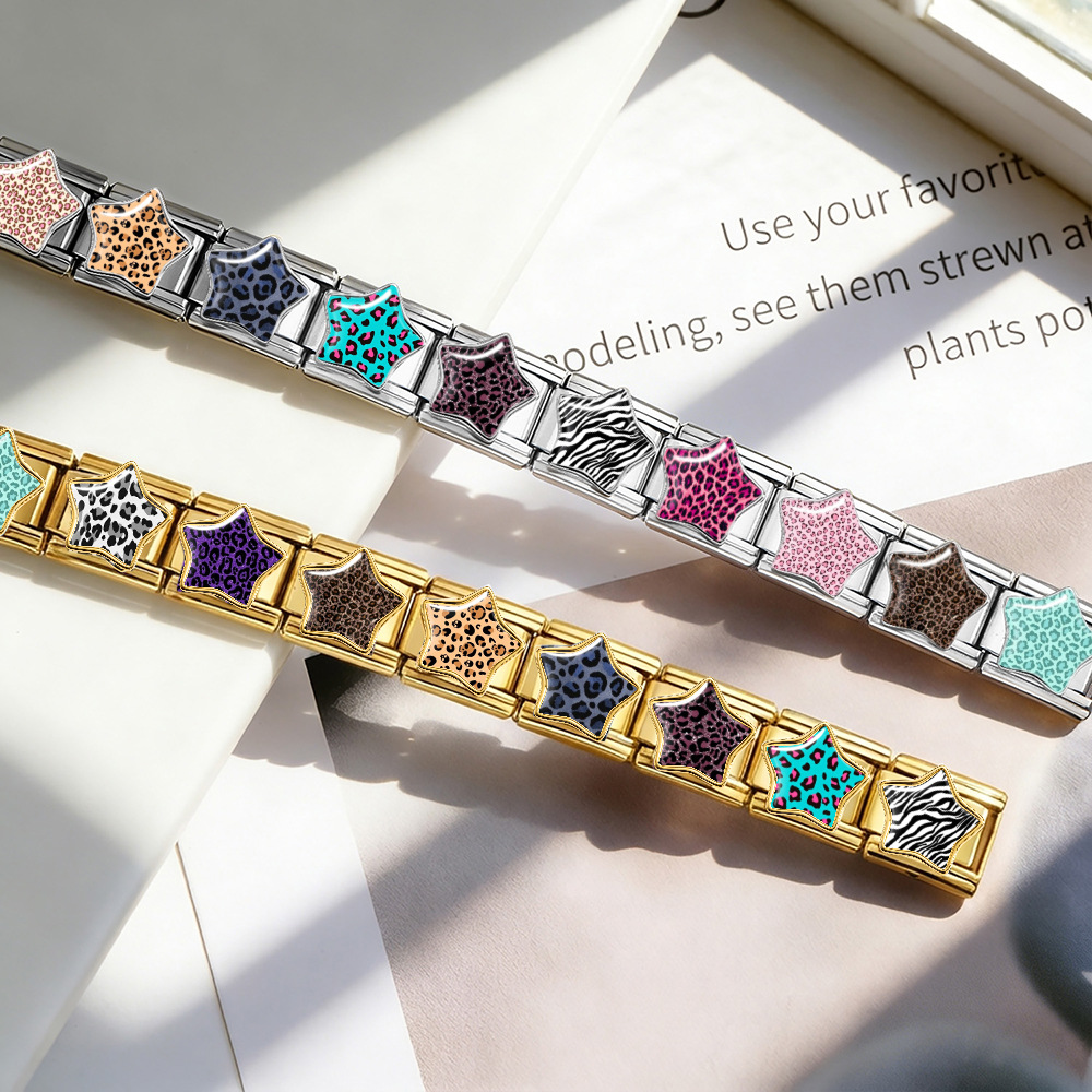 Leopard print five-pointed star Italian modular bracelet, stainless steel DIY detachable elastic bracelet, gift.