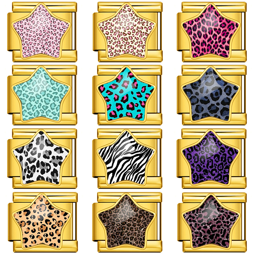 Leopard print five-pointed star Italian modular bracelet, stainless steel DIY detachable elastic bracelet, gift.