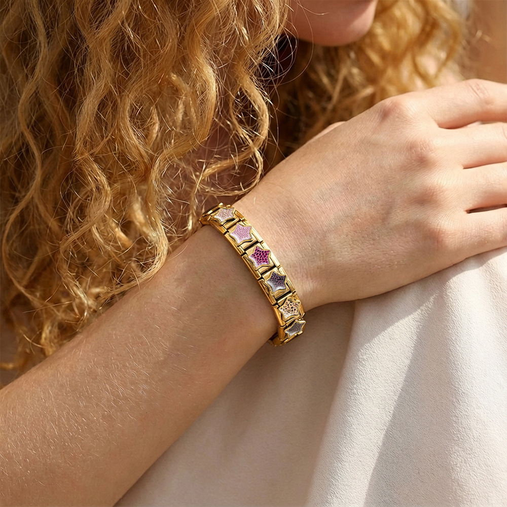 Leopard print five-pointed star Italian modular bracelet, stainless steel DIY detachable elastic bracelet, gift.