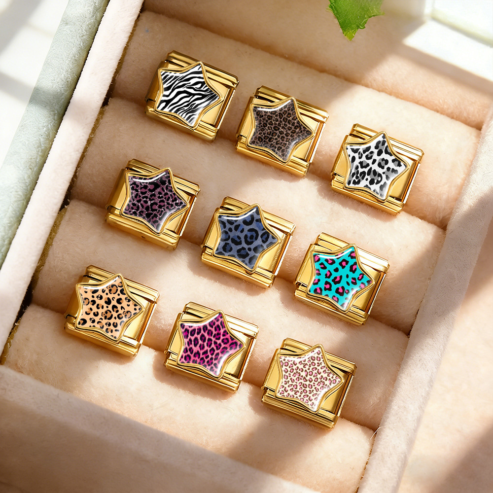 Leopard print five-pointed star Italian modular bracelet, stainless steel DIY detachable elastic bracelet, gift.