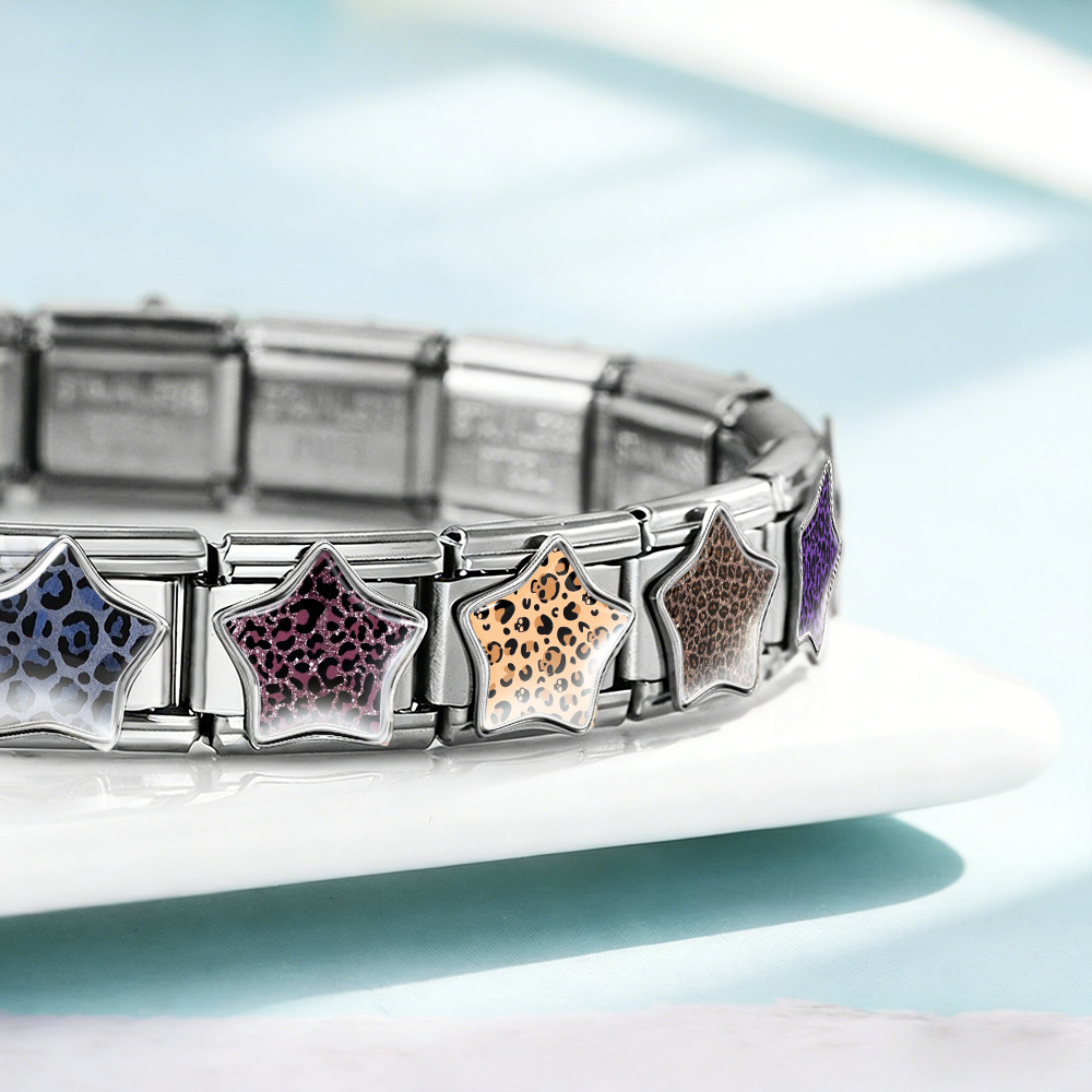 Leopard print five-pointed star Italian modular bracelet, stainless steel DIY detachable elastic bracelet, gift.