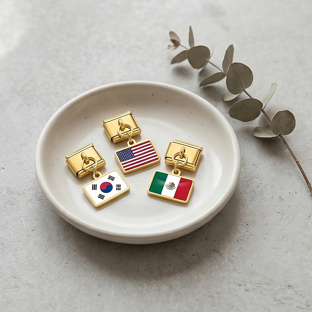 World Flag Theme Pendant Italian Modular Bracelet Stainless Steel DIY Free Assembly Accessories