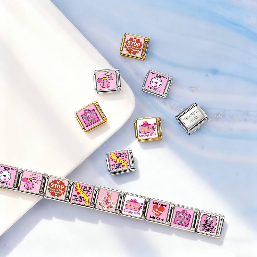 Square pink pattern handmade DIY spliced stainless steel Italian modular bracelet, a gift for girls.